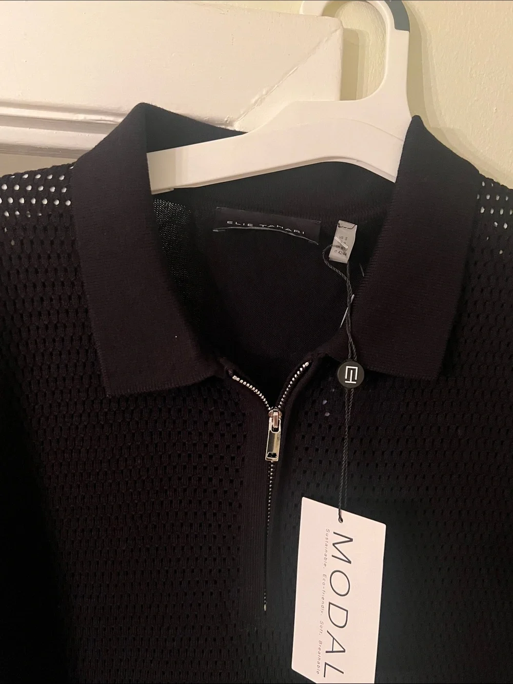 Elie Tahari Black Mesh Half-Zip Polo